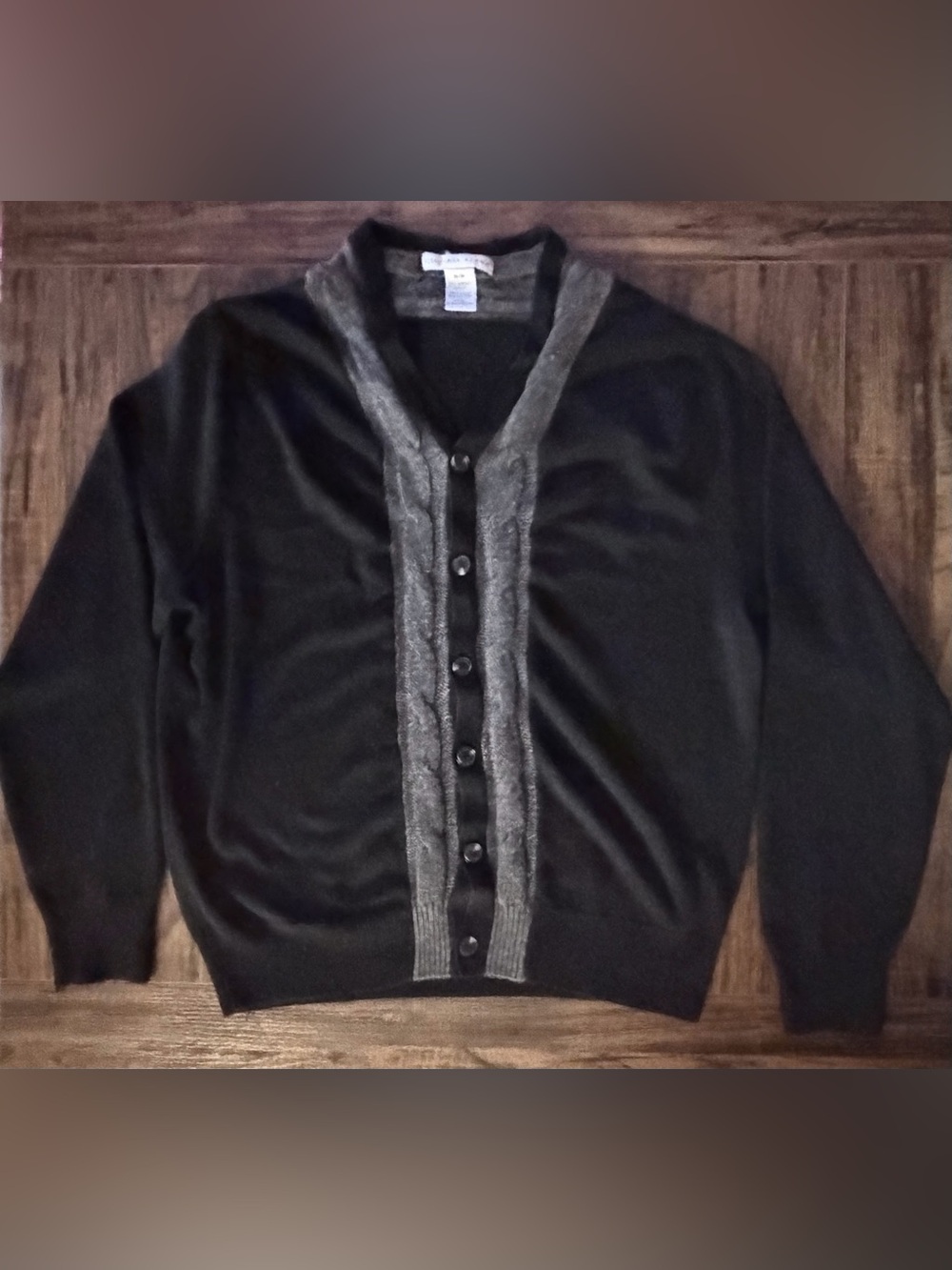 Geoffrey Beene Mens Medium Cardigan Sweater Black Gray Cable Knit Trim Button Up